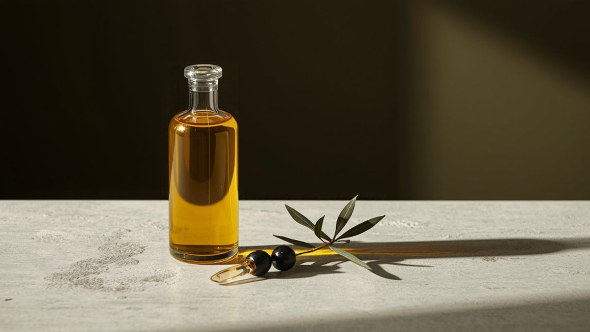 Editorial still-life of a glass bottle of golden olive oil with olives and a sprig of olive branch, styled on textured cream stone against a deep olive-brown background with a lime green accent, no text.