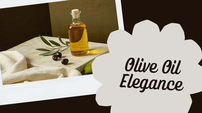 Editorial still-life of a glass bottle of golden extra virgin olive oil with whole olives and an olive branch sprig, styled on cream stone with deep olive-brown background and a lime-green accent, no text