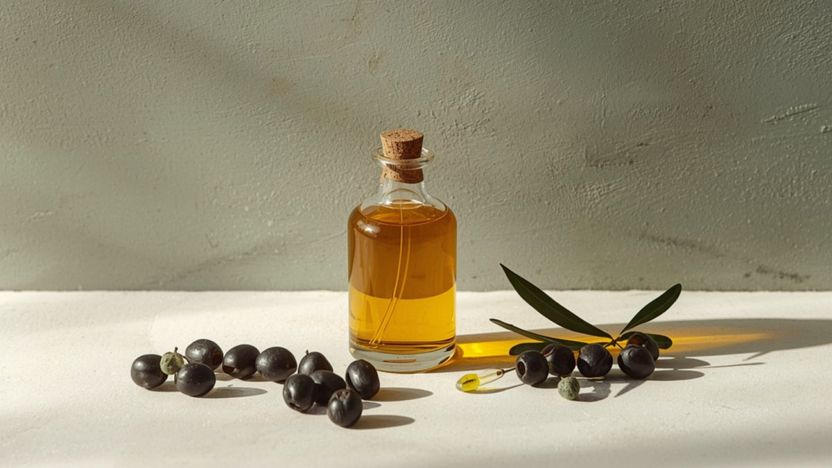 Editorial still-life of a glass bottle of golden olive oil with olives, an olive branch sprig and a dropper, styled on cream and stone in deep olive, dark brown and lime-green tones, no text