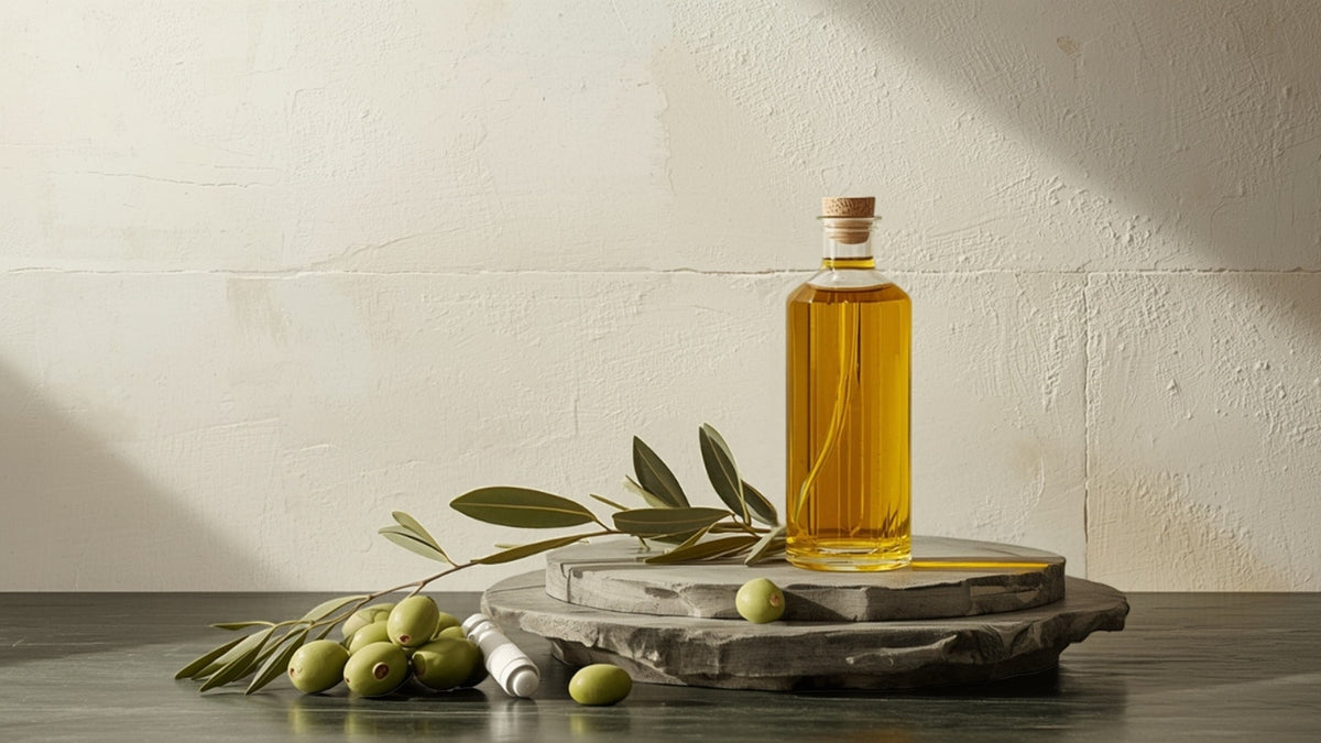 Editorial still-life of a glass bottle of golden olive oil with olives and an olive branch sprig, styled on textured cream and stone in deep olive, green and lime tones, no text
