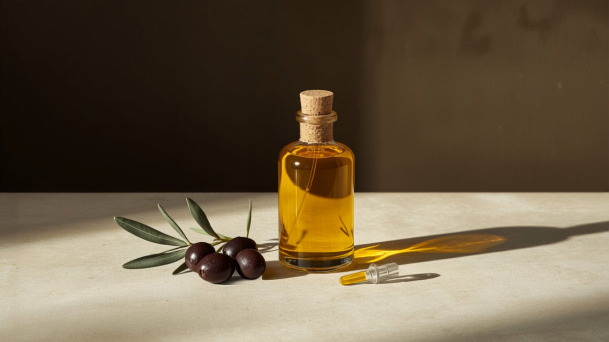 Editorial still-life of a glass bottle of golden olive oil with whole olives, a small olive branch sprig, and a glass dropper, styled on a cream stone surface against a dark olive-brown background with a soft lime-green accent, no text