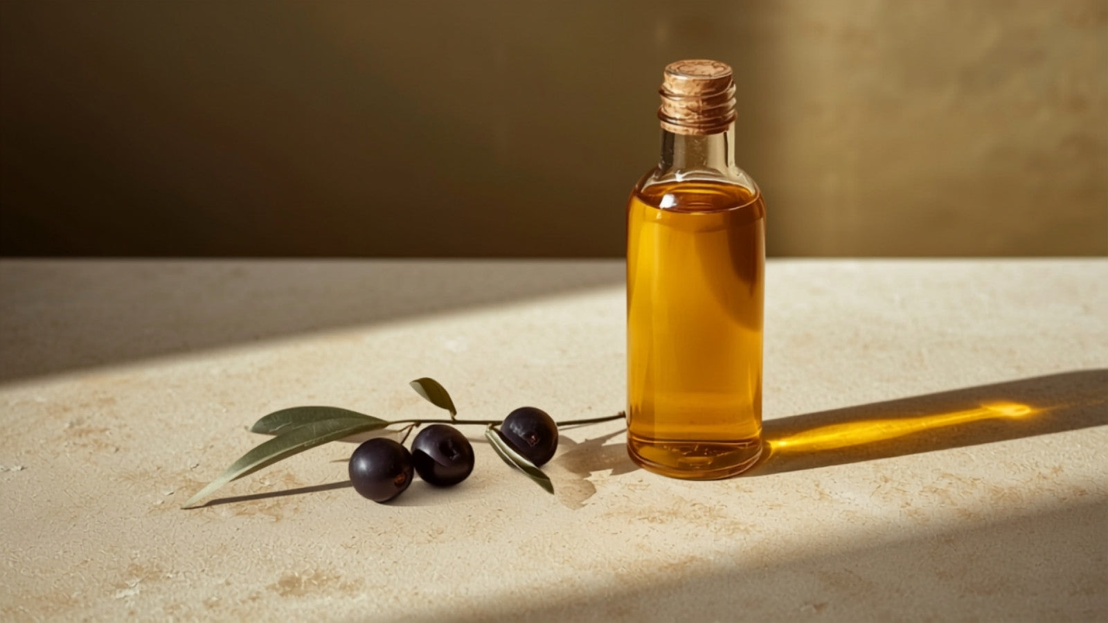 Editorial still-life photograph of a glass bottle of golden olive oil with whole olives, an olive branch sprig, and a small glass dropper, styled on textured cream stone in deep olive-brown and lime-green tones.