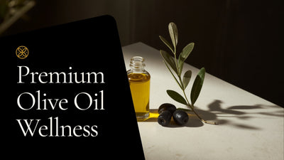 Editorial still-life of a glass bottle of golden-green olive oil with whole olives and an olive branch sprig, styled on cream stone with deep olive-brown background and a touch of lime-green accent, in a calm premium wellness-editorial style, no text.